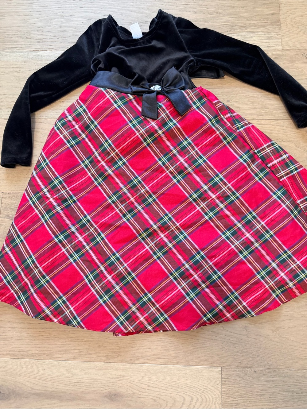 Girls Black Velvet Top Red Plaid Holiday Dress